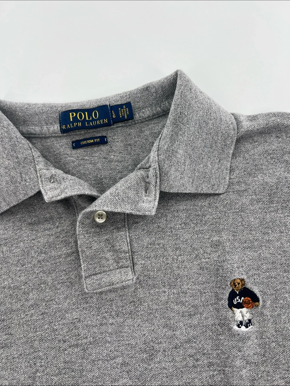 Polo Ralph Lauren Men’s Gray Heather Polo custom fit Basketball USA Bear Patch L